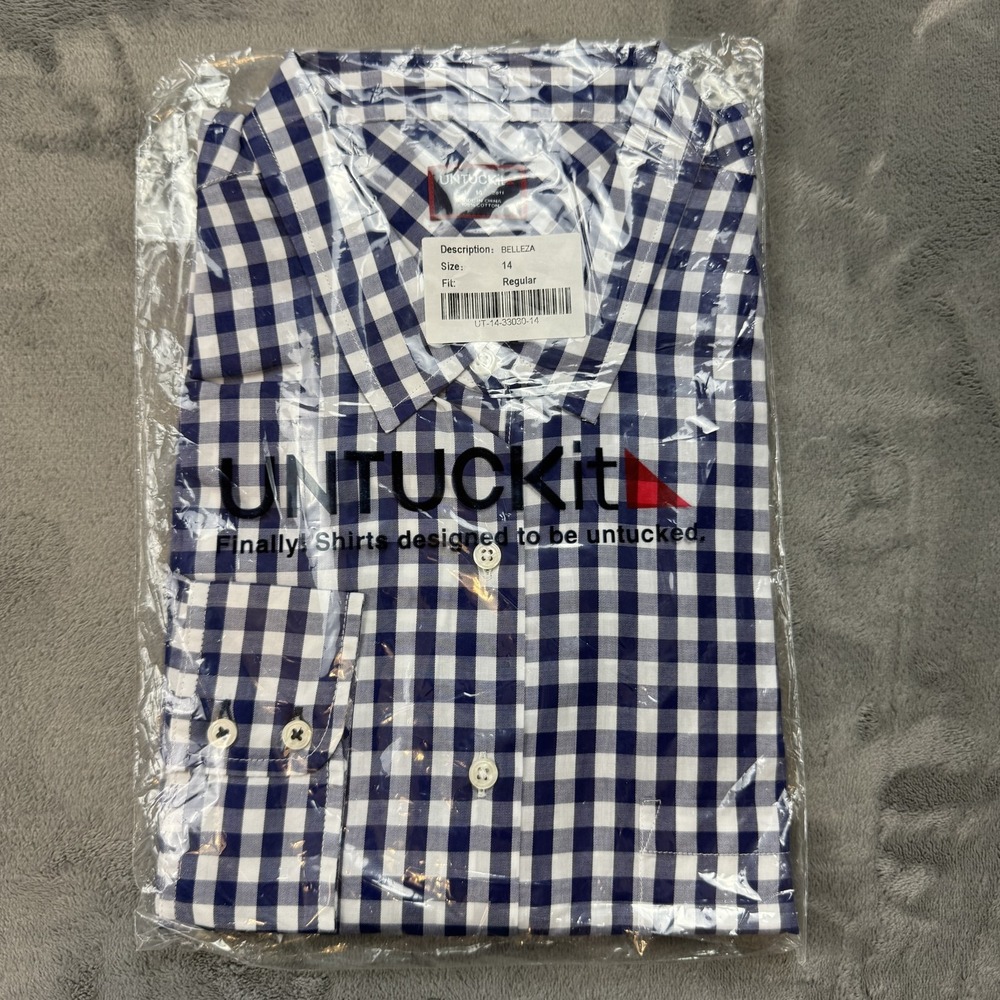 UNTUCKit Shirt Womens Size 14 Blue‎ White Gingham Check Button Down Belleza NEW